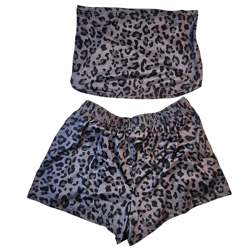 Shein Gray Leopard Print 2 Piece Set Tube Top and Shorts Medium 30508473